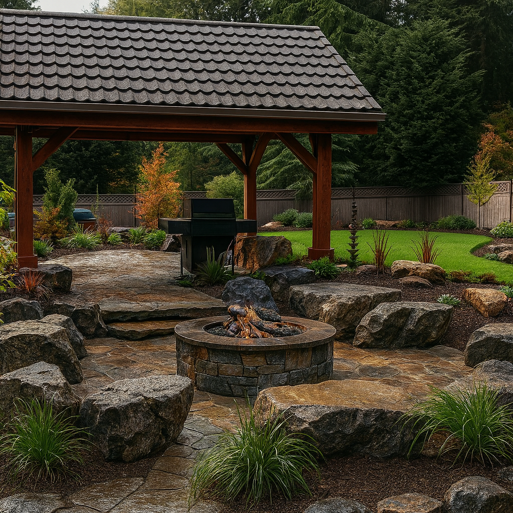 Luxury backyard with modern pergola and fire pit