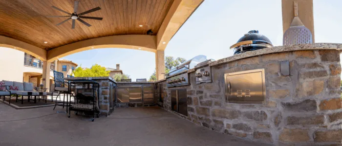 Panoramic view of a covered outdoor living space in Folsom by Golden Valley Development